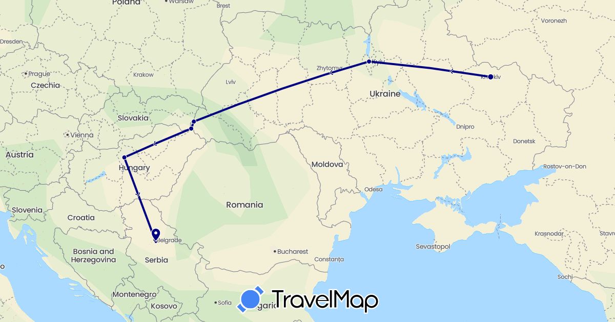 TravelMap itinerary: driving in Hungary, Serbia, Ukraine (Europe)